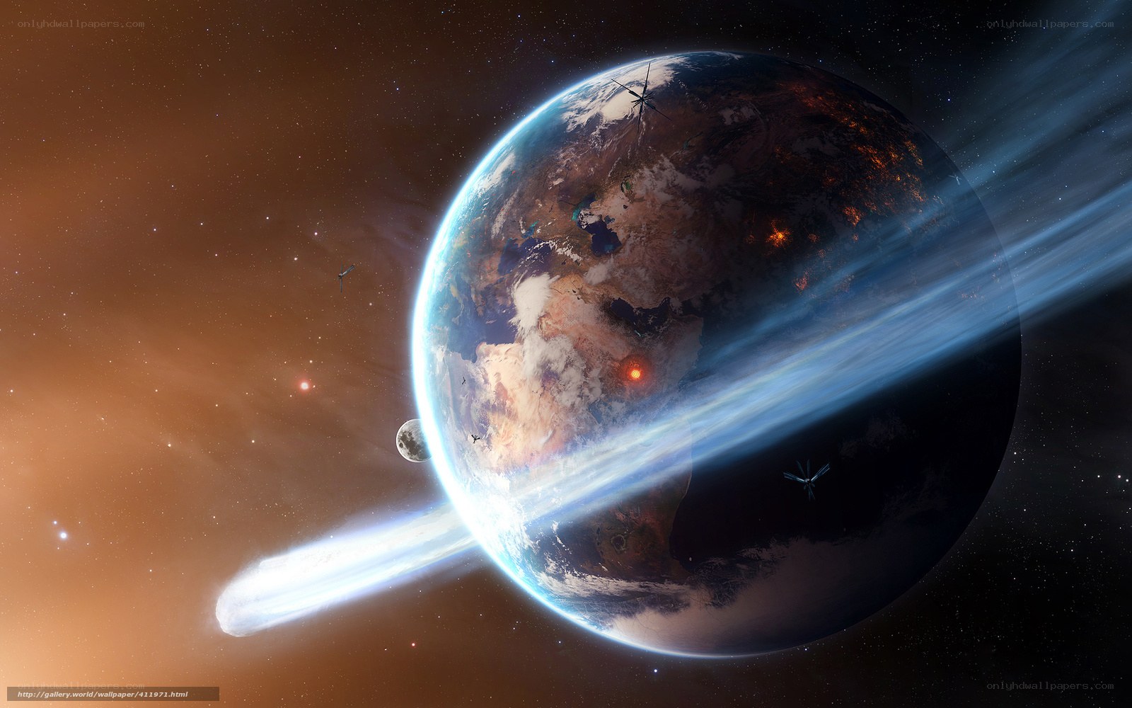 Earth with comet and satellites