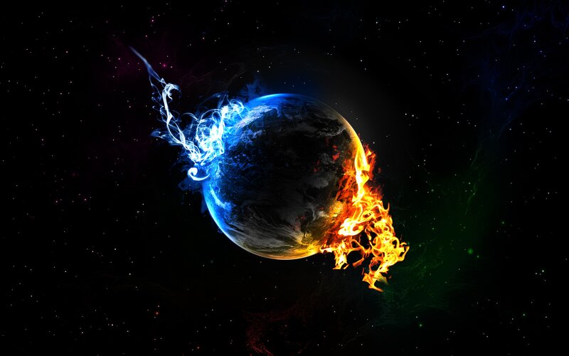Earth with Fire and Ice — Black, Dramatic, Night, Digital Art