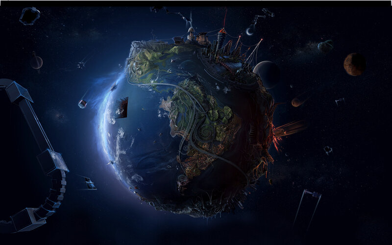 Earth with Futuristic City — Blue, Dramatic, Night, Digital Art