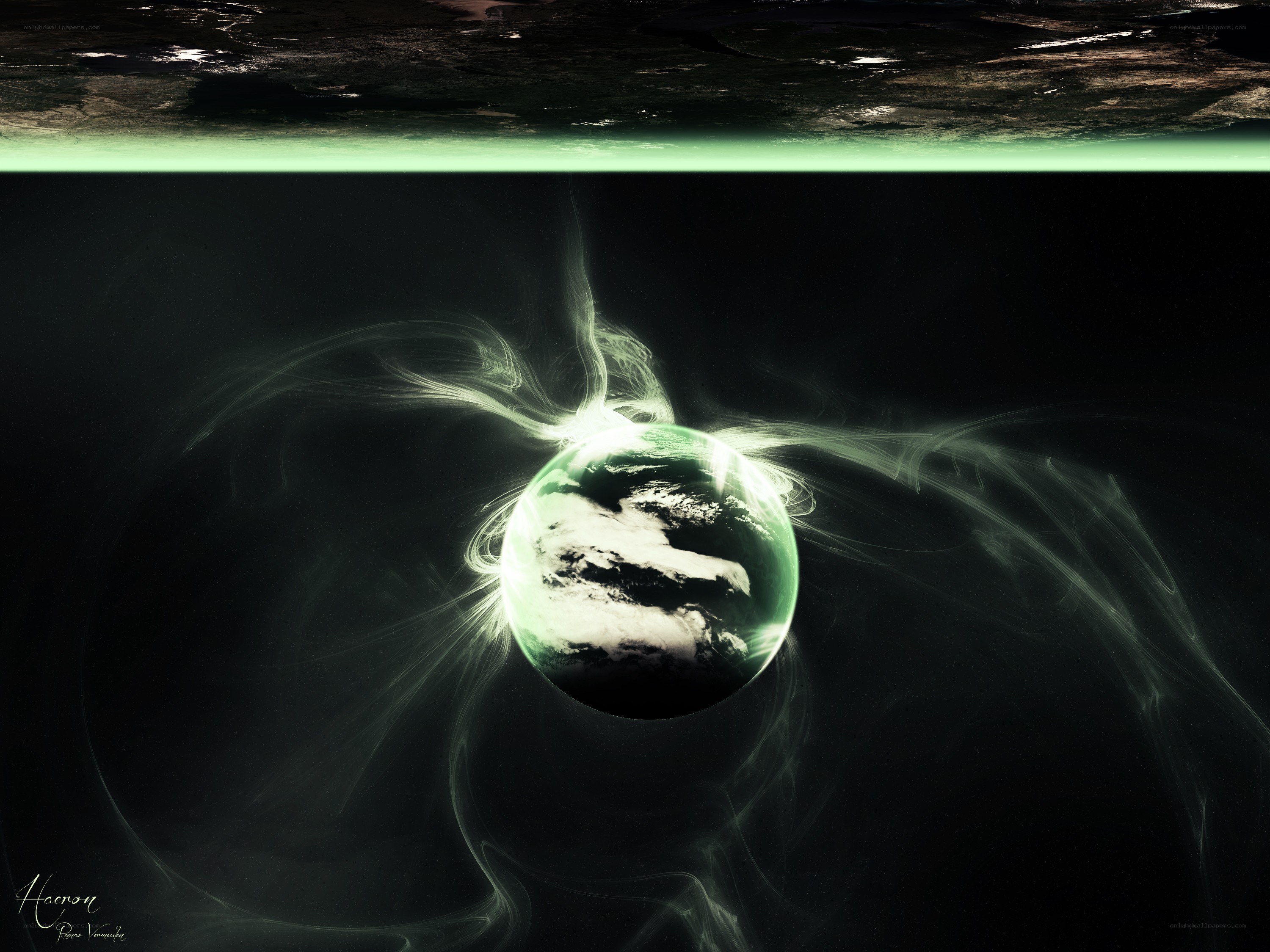 Earth with green aurora