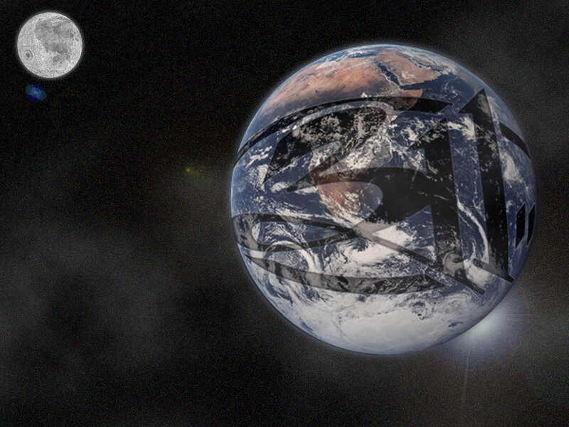 Earth with logo overlay