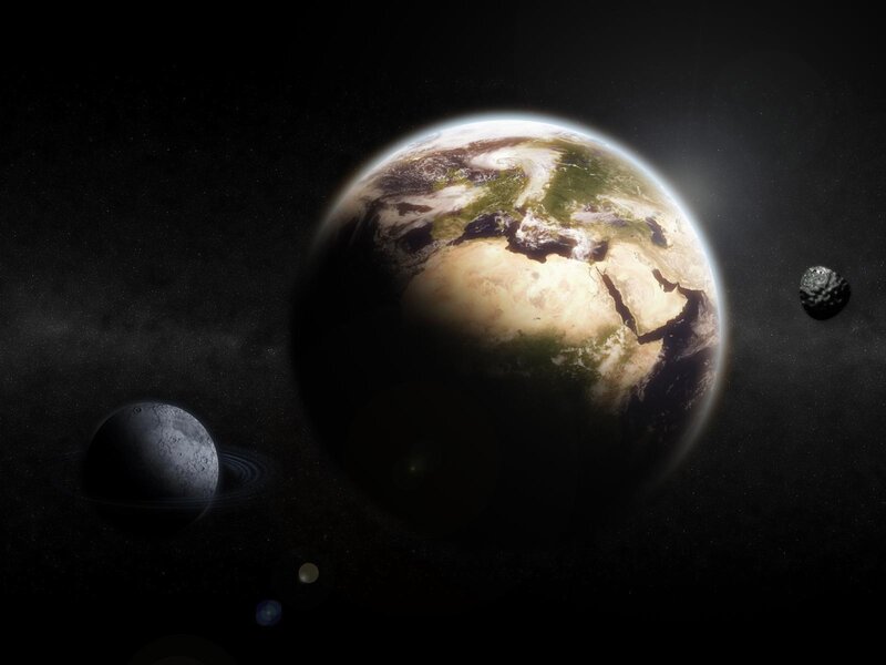 Earth with moons and asteroid