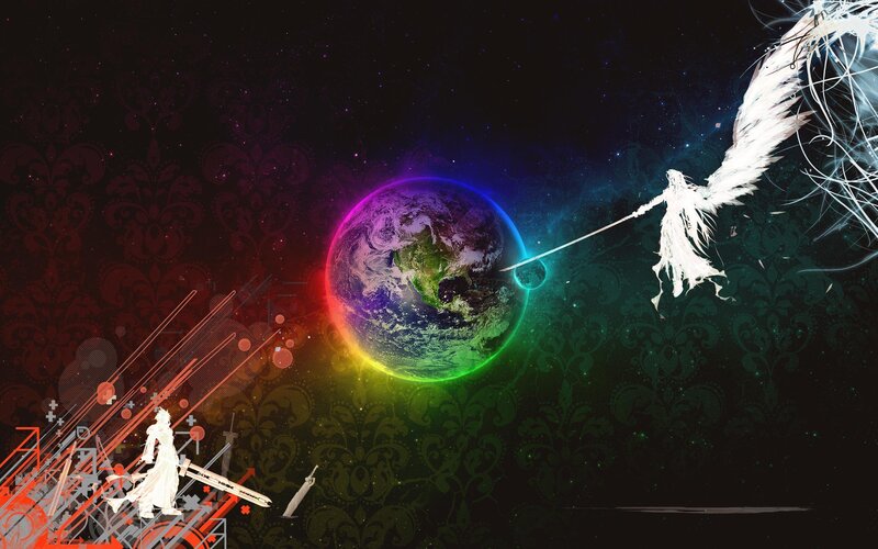 Earth with rainbow aura and angels