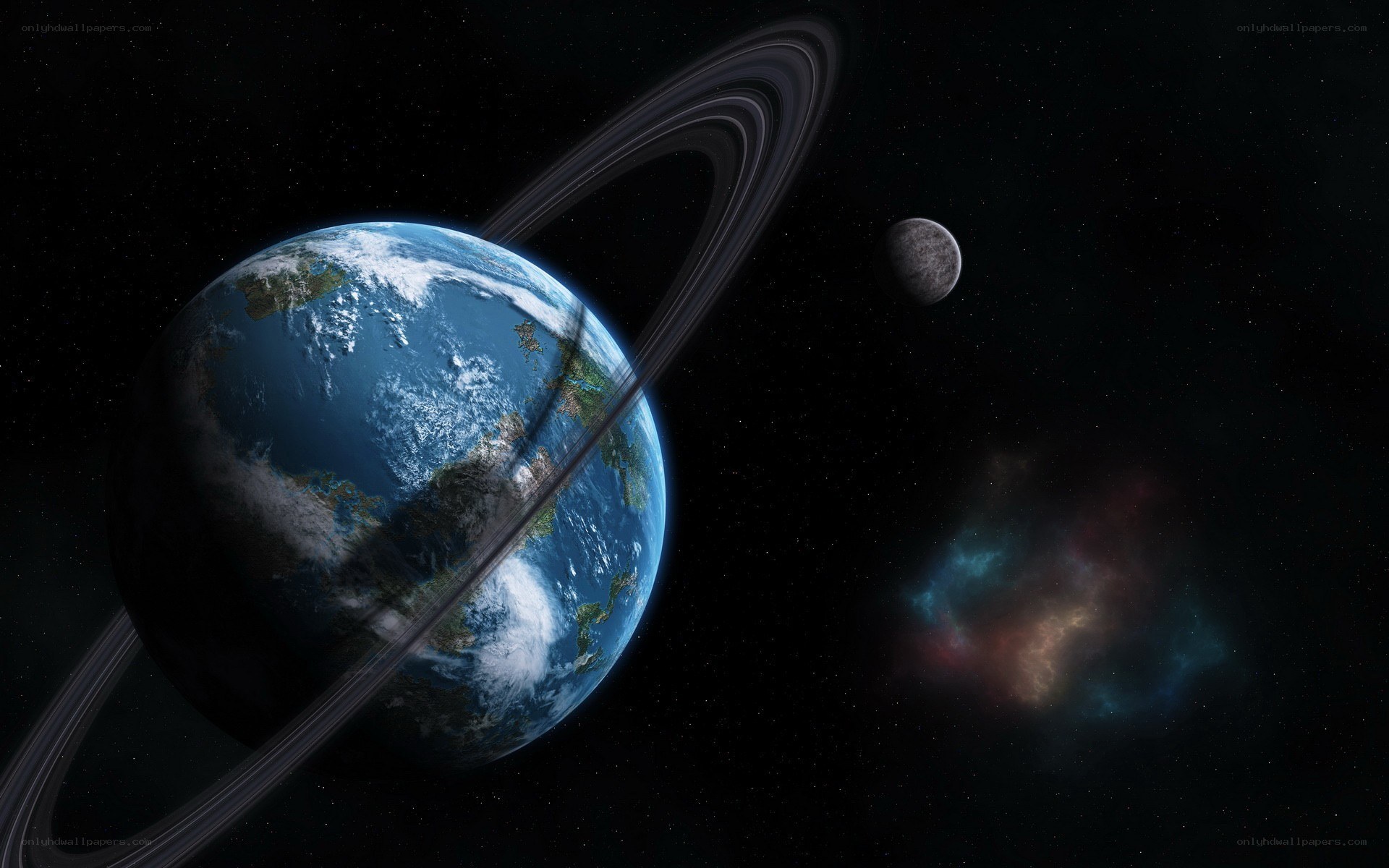 Earth with rings and moon