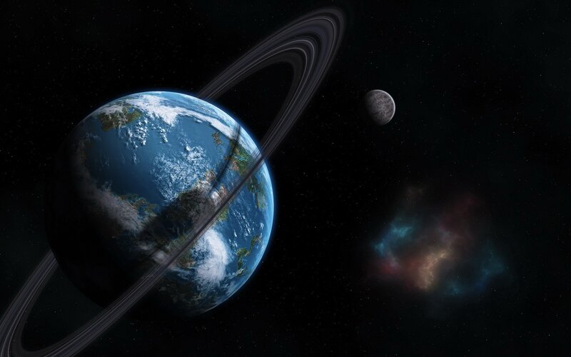 Earth with Rings — Blue, Dramatic, Night, Digital Art, Moon, Nebula