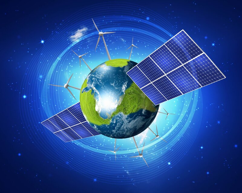 Earth with solar panels and wind turbines