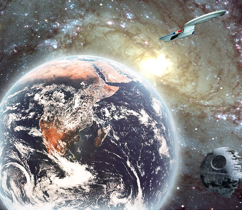 Earth with starships in space