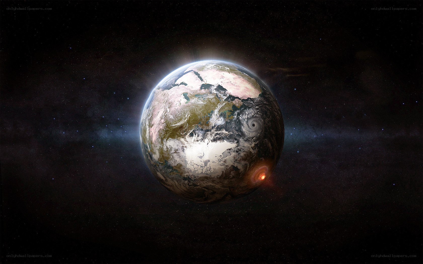 Earth with storm and eruption