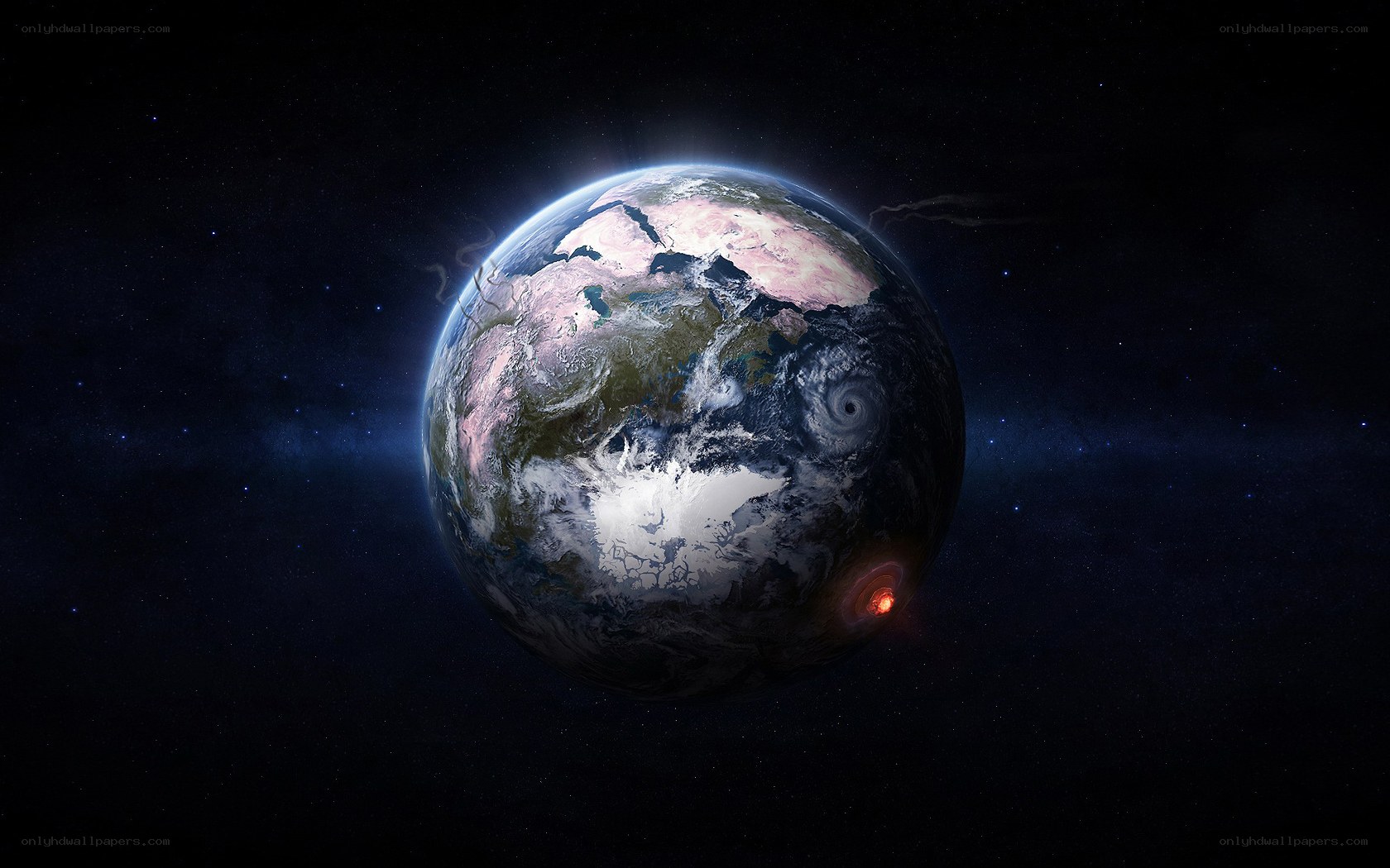 Earth with storm and eruption