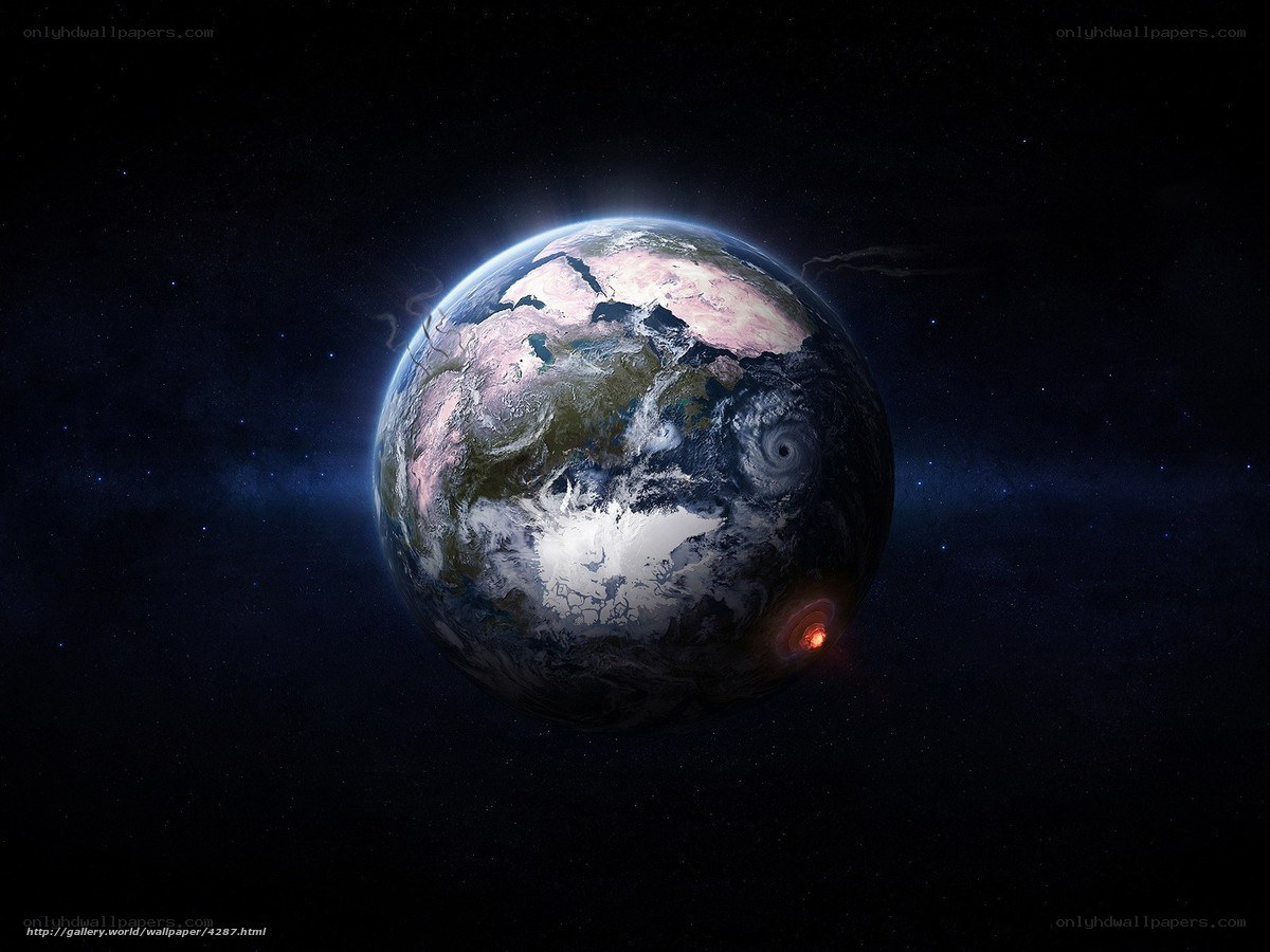 Earth with storm and eruption