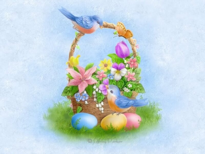 Easter Basket with Birds — Blue