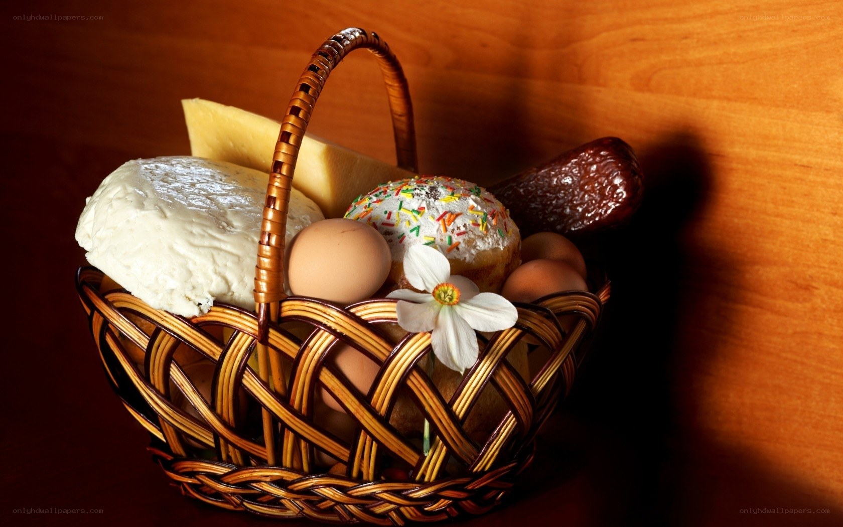 Easter basket with cheese and eggs