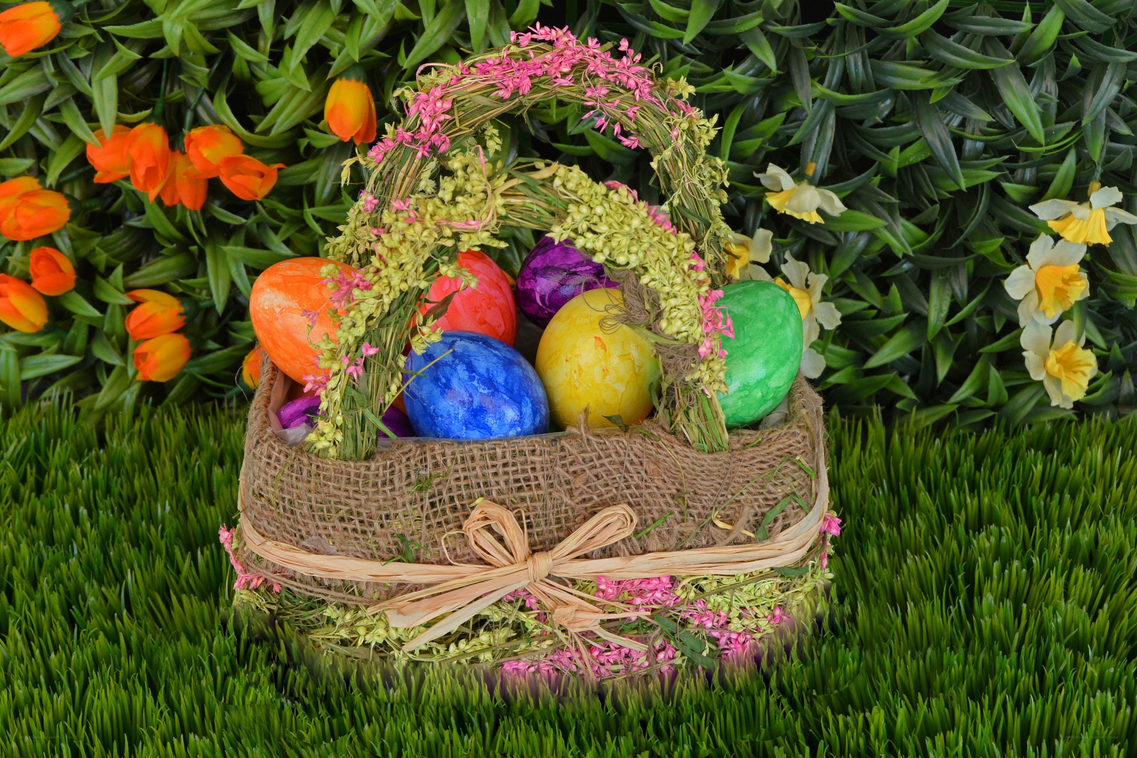 Easter basket with colorful eggs