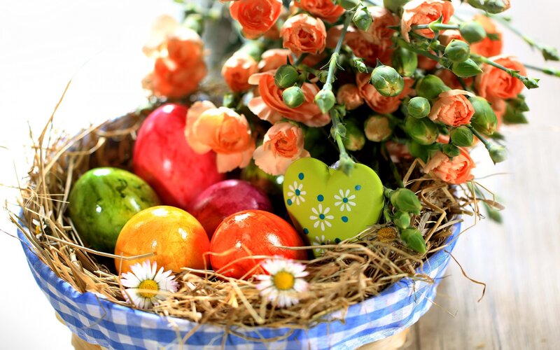 Easter Basket with Eggs — Blue, Festive, Spring, Photograph, Flowers
