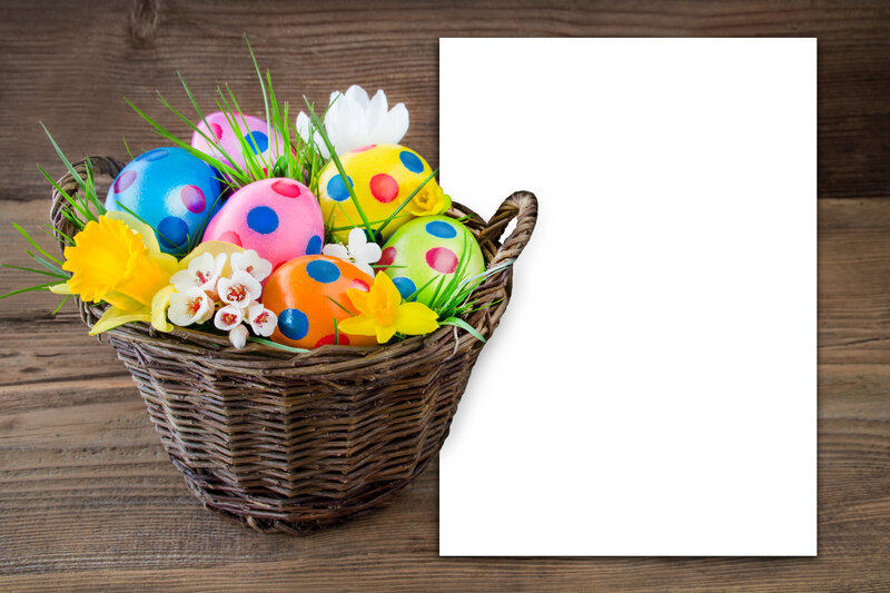 Easter Basket with Eggs — Brown, Festive, Spring, Photograph, Flowers