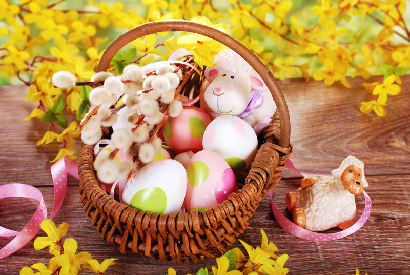 Easter Basket with Eggs — Brown, Festive, Spring, Photograph, Sheep Figurines
