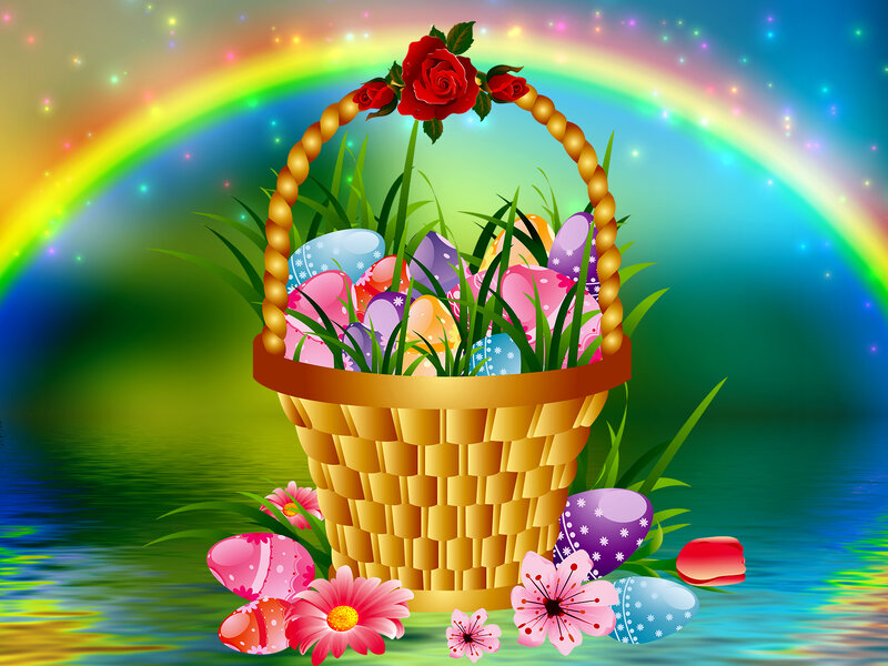 Easter Basket with Eggs — Green, Festive, Spring, Digital Art, Rainbow