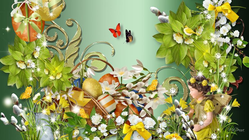 Easter Basket with Eggs — Green, Festive, Spring, Digital Art