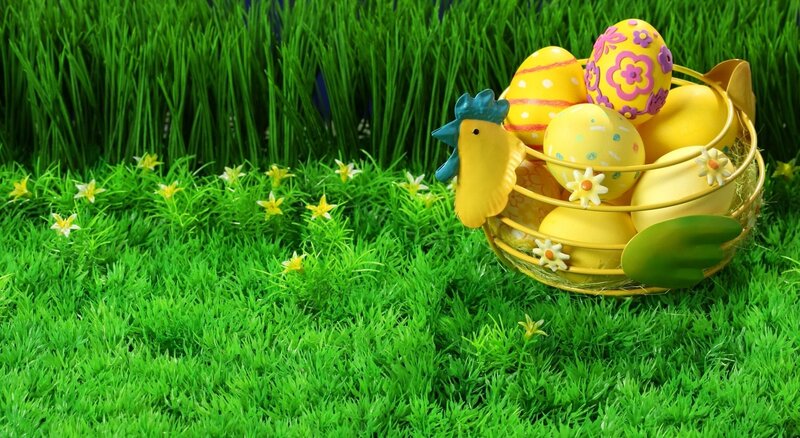 Easter Basket with Eggs — Green, Festive, Spring, Photograph, Chicken Figurine