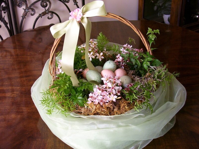 Easter Basket with Eggs — Green, Festive, Spring, Photograph, Flowers