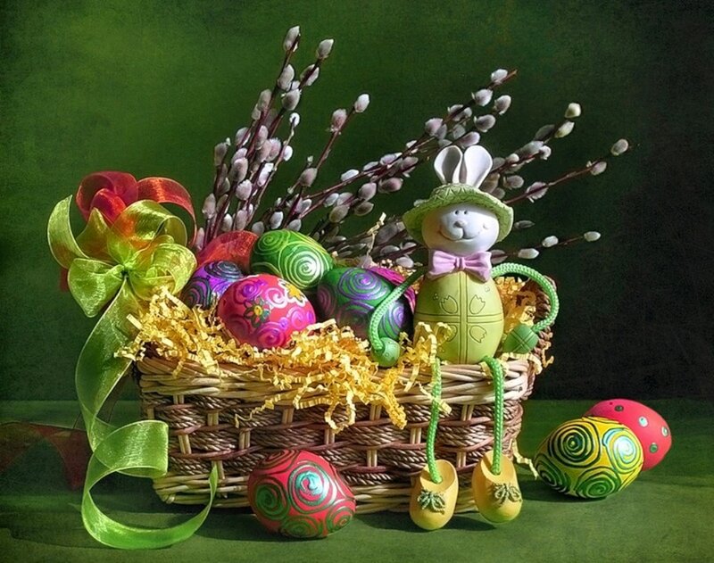 Easter Basket with Eggs — Green, Festive, Spring, Photograph, Rabbit Figurine