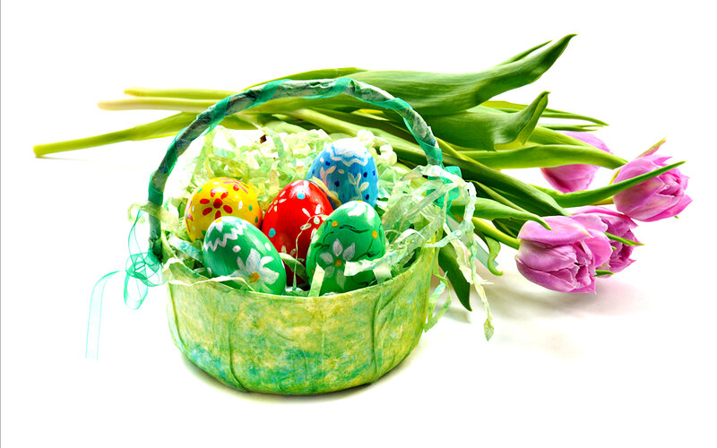 Easter Basket with Eggs — Green, Festive, Spring, Photograph, Tulips