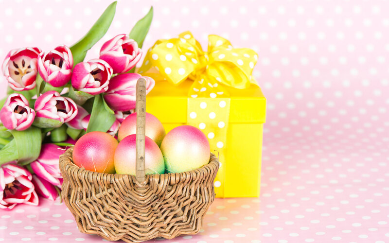 Easter Basket with Eggs — Pink, Festive, Spring, Photograph, Flowers