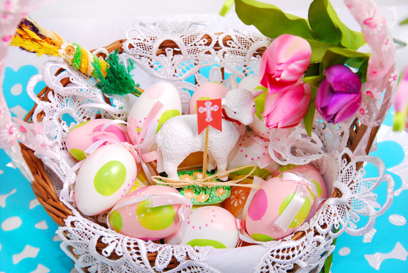 Easter Basket with Eggs — Pink, Festive, Spring, Photograph, Lamb Figurine