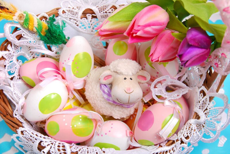 Easter Basket with Eggs — Pink, Festive, Spring, Photograph, Sheep