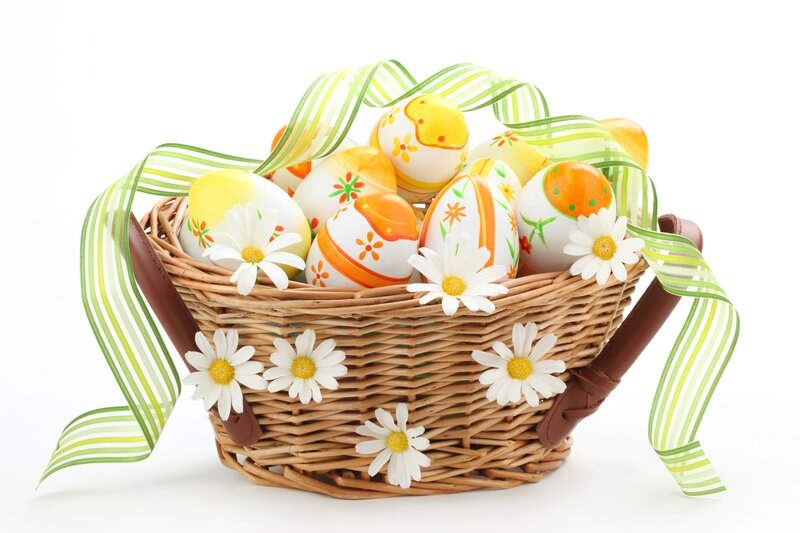 Easter Basket with Eggs — White, Festive, Spring, Photograph, Daisies