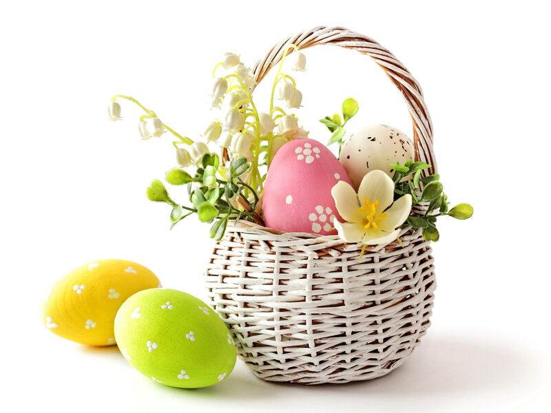 Easter Basket with Eggs — White, Festive, Spring, Photograph, Flowers