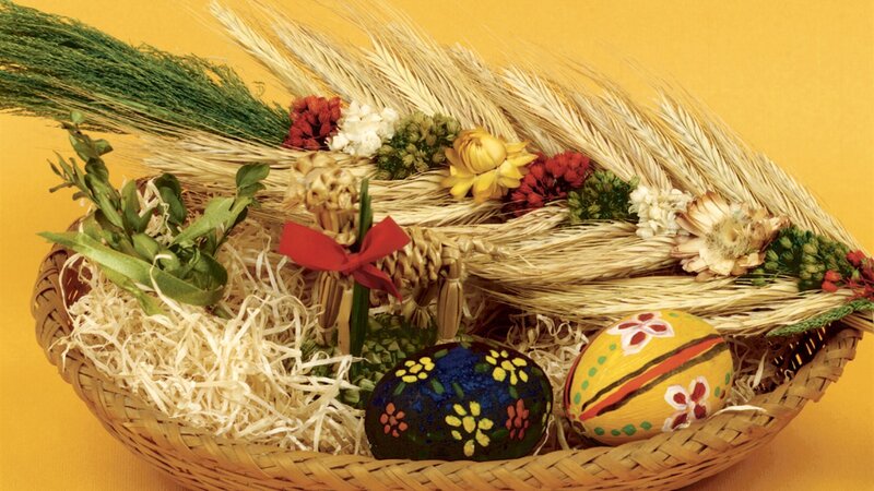 Easter Basket with Eggs — Yellow, Festive, Photograph