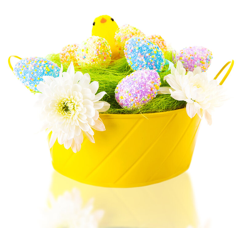 Easter Basket with Eggs — Yellow, Festive, Spring, Photograph, Chick