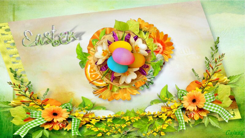 Easter Basket with Flowers — Green, Festive, Spring, Digital Art