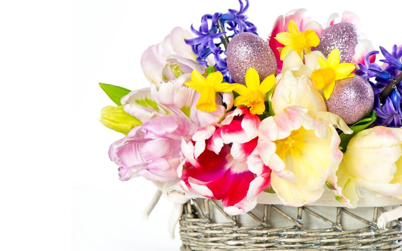 Easter Basket with Flowers — Pink, Festive, Spring, Photograph