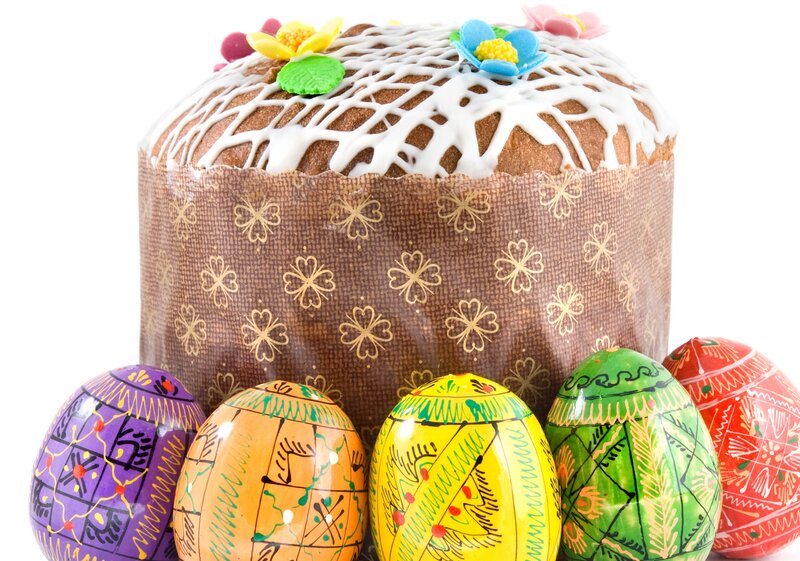 Easter Bread and Eggs — Brown, Festive, Photograph, Flowers