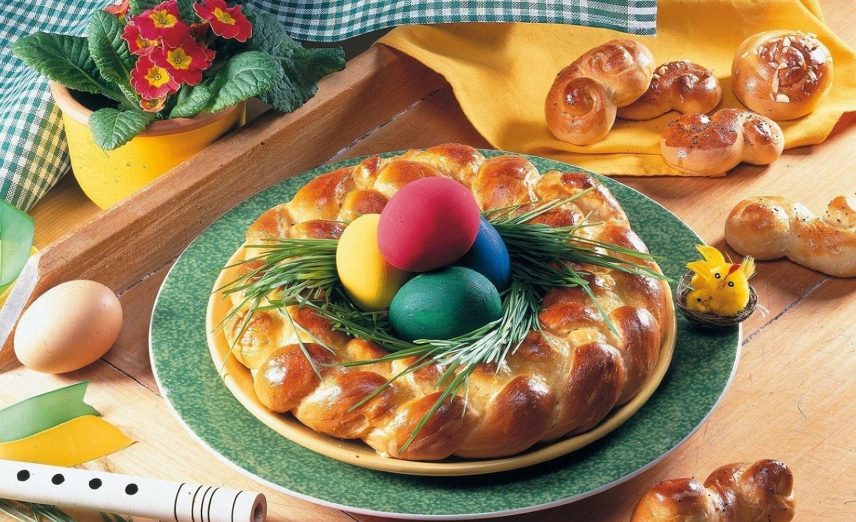 Easter bread with colored eggs