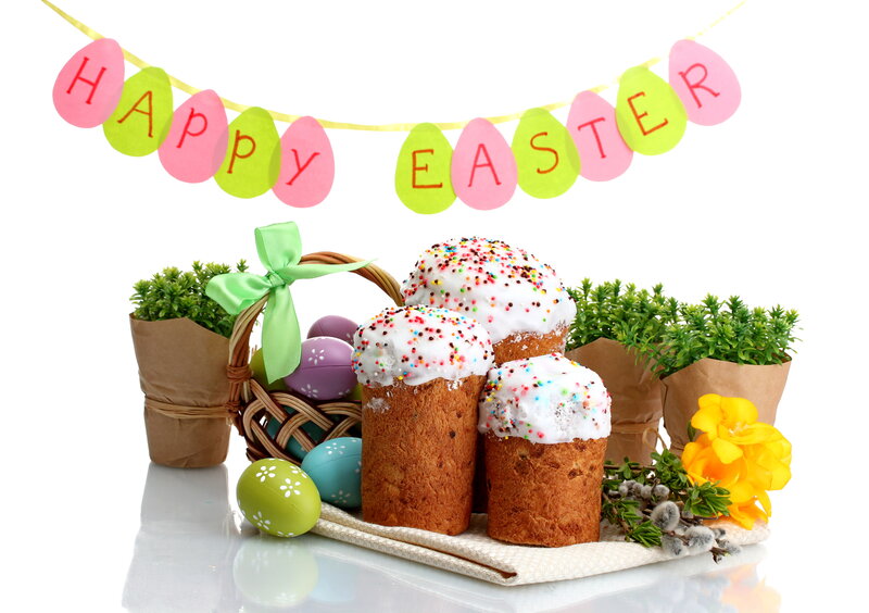 Easter Cakes and Eggs — White, Festive, Spring