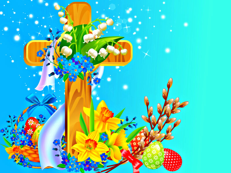 Easter Cross with Flowers — Blue, Festive