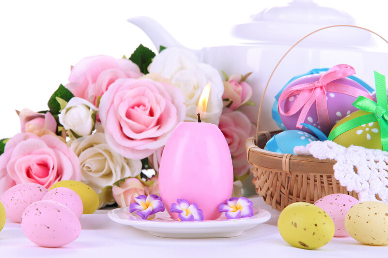 Easter Eggs and Flowers — Pink, Festive, Spring, Photograph, Candle