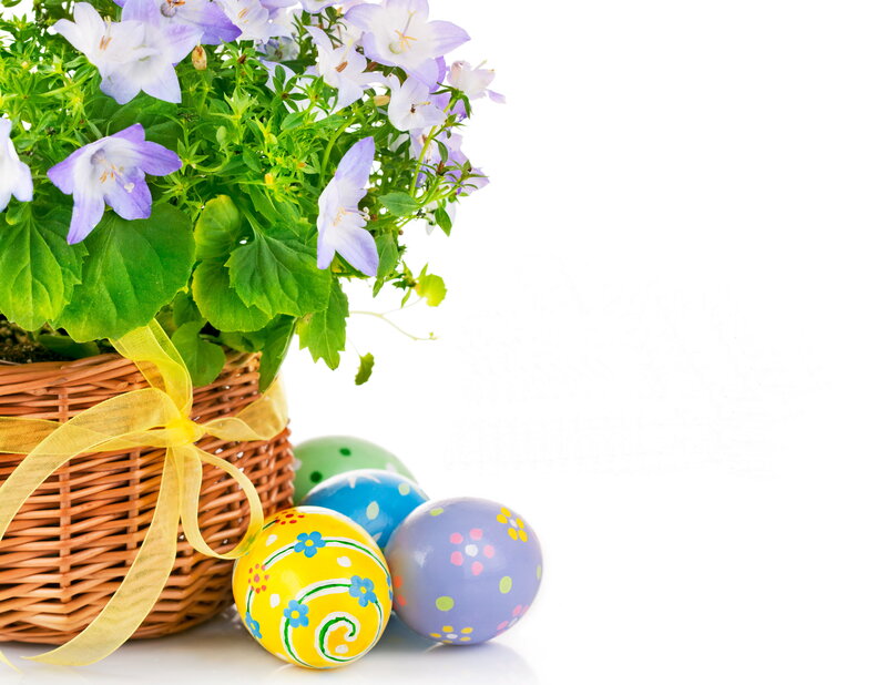 Easter Eggs and Flowers — Yellow, Festive, Spring, Photograph, Basket