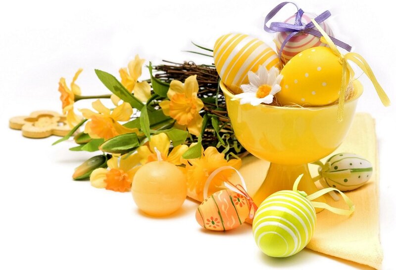 Easter Eggs and Flowers — Yellow, Festive, Spring, Photograph, Candles