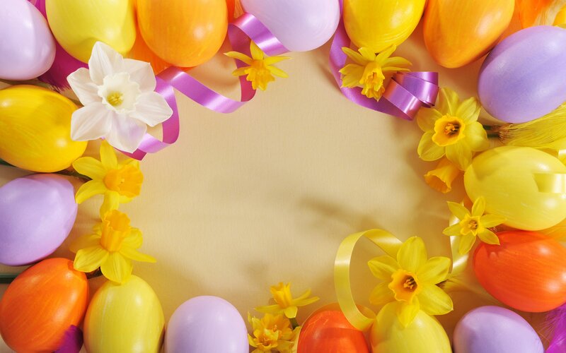 Easter Eggs and Flowers — Yellow, Festive, Spring, Photograph, Daffodils