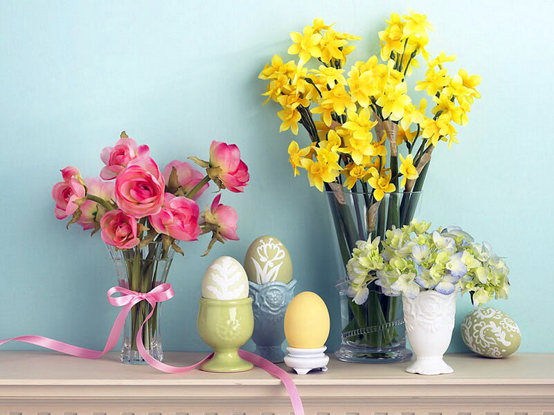 Easter Eggs and Flowers — Yellow, Festive, Spring, Photograph, Vases