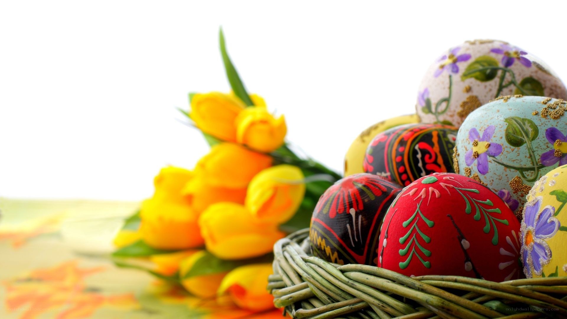 Easter eggs and tulips