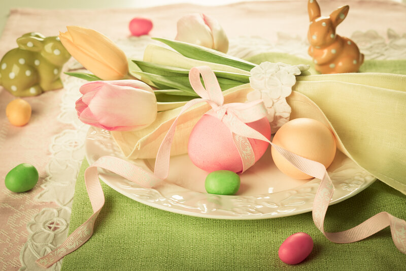 Easter Eggs and Tulips — Green, Festive, Spring, Photograph