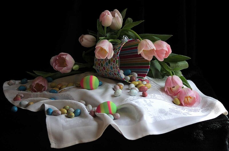 Easter Eggs and Tulips — White, Dramatic