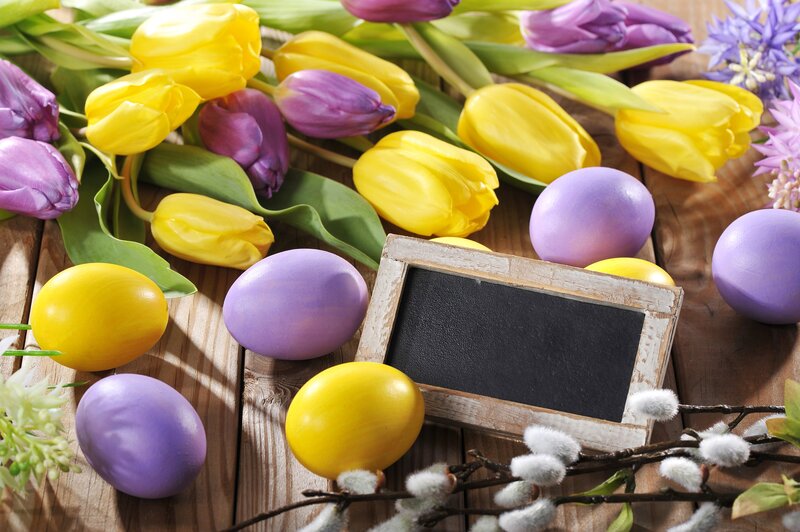 Easter Eggs and Tulips — Yellow, Festive, Spring, Photograph, Chalkboard