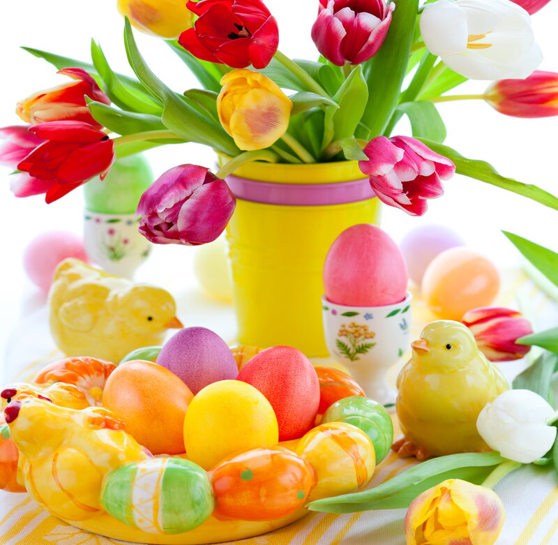 Easter Eggs and Tulips — Yellow, Festive, Spring