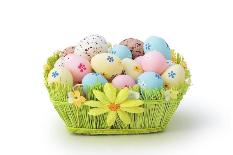 Easter Eggs in Basket — Green, Festive, Spring, Photograph, Flowers, Grass